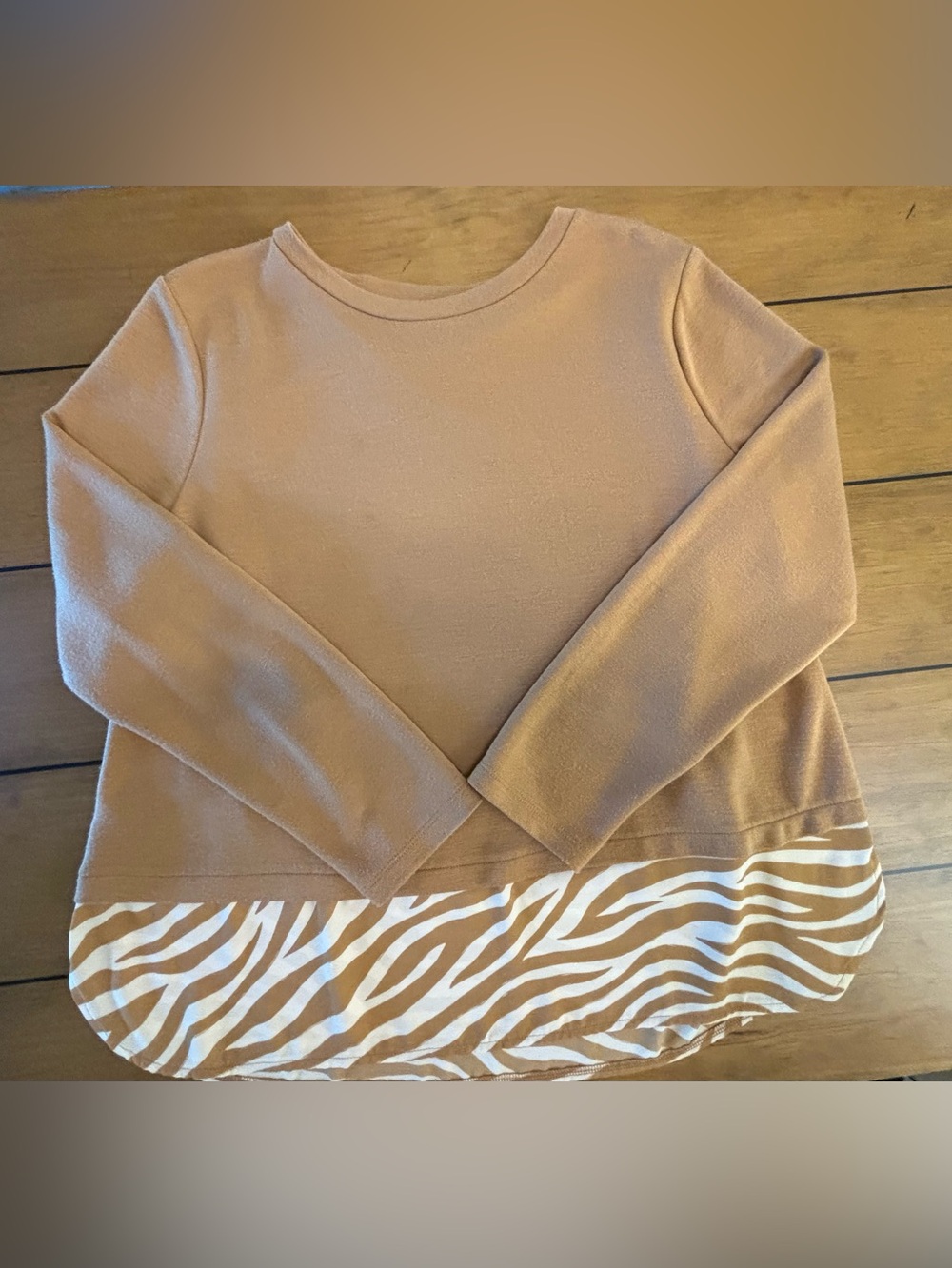 Ann Taylor Cream and Tan Crewneck Sweater with Zebra Hem